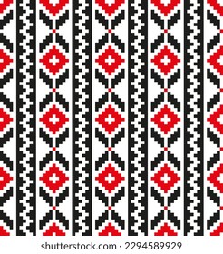 Folk ethnic patterns for embroidery in pixel style in red and black colors. Vector patterns for craft paper, design elements and backgrounds.