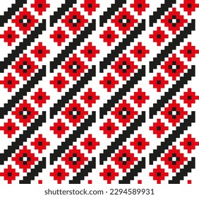 Folk ethnic patterns for embroidery in pixel style in red and black colors. Vector patterns for craft paper, design elements and backgrounds.