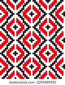Folk ethnic patterns for embroidery in pixel style in red and black colors. Vector patterns for craft paper, design elements and backgrounds.