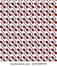 Patrones étnicos populares para el bordado en píxeles en colores rojo y negro. Patrones vectores para papel artesanal, elementos de diseño y fondos.