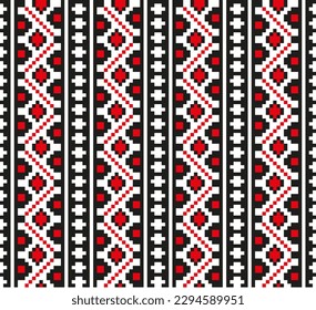 Patrones étnicos populares para el bordado en píxeles en colores rojo y negro. Patrones vectores para papel artesanal, elementos de diseño y fondos.