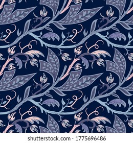 Folk fancy leaves and branches pattern. Seamless floral art nouveau texture with oriental motif