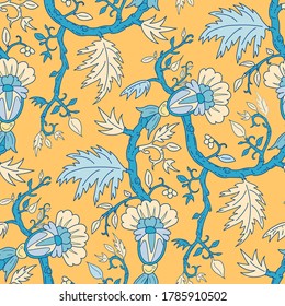 Folk fancy leaves and branches pattern. Seamless floral art nouveau texture with oriental motif