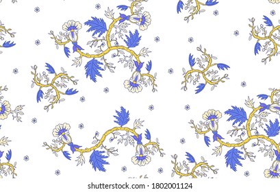 Folk fancy leaves and branches pattern. Seamless floral art nouveau texture with oriental motif
