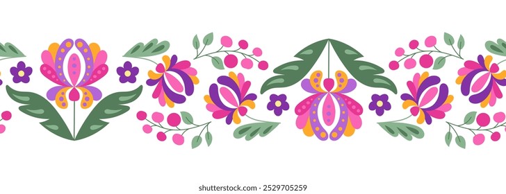 Folk fantasía floral borde sin fisuras en estilo mexicano. Ilustración plana botánica en estilo tradicional americano de Latina aislado en el fondo blanco para el día de la fiesta muerta