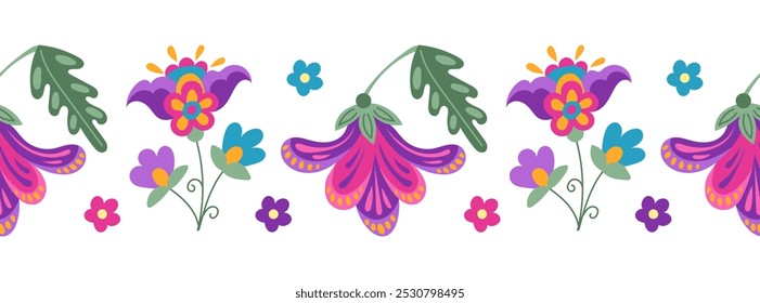 Folk fantasy floral seamless border in Mexican style. Botanical flat illustration in Latin American traditional style isolated on white background for day of the dead holiday