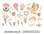 Folk fantasy set for wedding decoration. Vector hand drawn stylized drawings in muted colors isolated on white background. Decorative set of elements in boho style