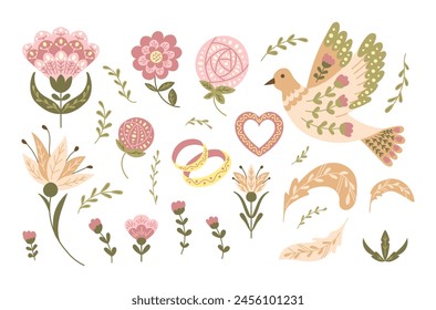 Conjunto de fantasía de Folk para decoración de bodas. Vector dibujado a mano dibujos estilizados en colores apagados aislados sobre fondo blanco. Conjunto decorativo de Elementos en estilo boho