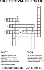 E Folk Festival Clue Trail Crossword Jogo de Puzzle Planilha Atividade vetor