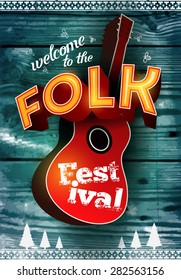 Folk festival poster with acoustic guitar shape on wood background. Vector illustration. Eps 10.