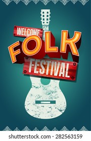 Folk Festival Poster With Acoustic Guitar Shape. Vector Illustration.