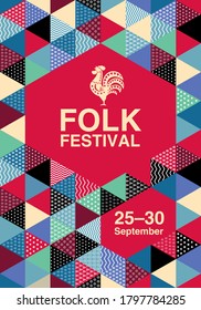 Folk Festival Poster. Festliches Flickwerk-Layout. Grafiken aus hellem Dreieck