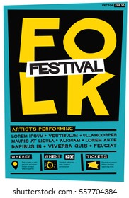 Folk Festival Poster (Flat Style Vector Illustration Music Design) Event Invitation With Venue And Time Details