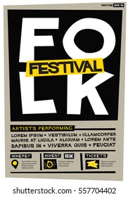 Folk Festival Poster (Flat Style Vector Illustration Music Design) Event Invitation with Venue and Time Details