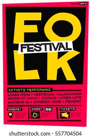 Folk Festival Poster (Flat Style Vector Illustration Music Design) Event Invitation with Venue and Time Details