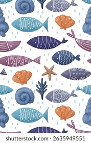 Folk Fish, Abstract fish seamless pattern