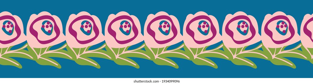 Folk floral border seamless vector pattern in bright colors. Botanical surface print design for fabrics, stationery, scrapbook paper, gift wrap, textiles, backgrounds, and packaging.