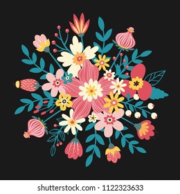 Folk floral composition, trendy modern style design. Different flowers, branches and berries isolated on background. Ideal for emblem, greeting card, label, decor. 