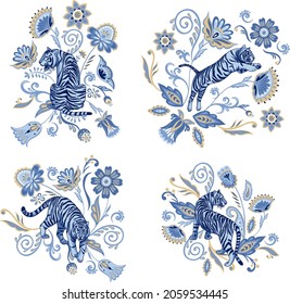 Folk floral compositions with navy blue tigers. Asian flowers and plants