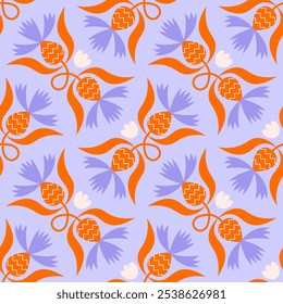 Folk floral cornflower seamless pattern. Traditional slavic scandinavian ornament with rustic embroidery knapweed motifs. Clean flat minimal geometric shapes in unique reflected elegant print.