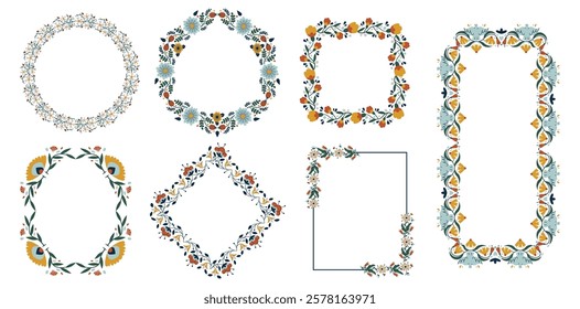 Folk floral decorative frames, native compositions of different shape and form border isolated set. Blooming flower plants and leaves ethnic motif wreath ornament with copy space vector illustration