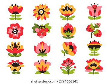 Folk floral elements. Scandinavian inspired flowers, berries and botanical motifs, retro style icon, scandinavian plants for patterns, bouquet ornament splendid vector cartoon flat style isolated set