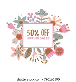Folk floral frame ornament. Pattern background. Folk art flowers. Bouquet of flowers and leaves. Scandinavian nordic print design. Flat cartoon clipart. Vector illustration for spring sale.