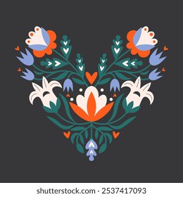 Folk floral heart-shaped symmetrical arrangement. Traditional slavic scandinavian ornament with rustic embroidery motifs. Clean flat minimal unique reflected elegant print for Valentine's day.