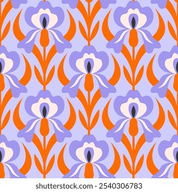 Folk floral iris seamless pattern. Traditional slavic scandinavian ornament with rustic embroidery motifs. Clean flat minimal geometric shapes in unique reflected elegant print.