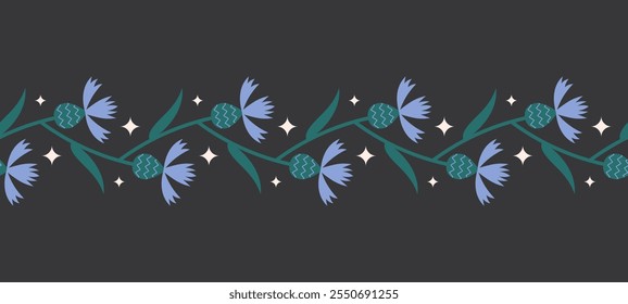 Folk floral knapweed seamless horizontal border. Traditional slavic scandinavian ornament with rustic embroidery motifs. Clean flat minimal geometric shapes in unique reflected elegant print.