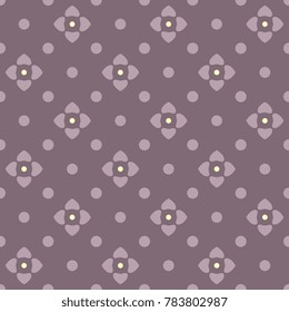 Folk floral motif in lilac brown, yellow. Decorative all over ornament for interior textile, wallpaper, fabric cloth, phone case. Simple geometric print block. Vector seamless dot line design.