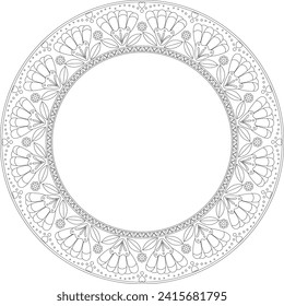 Folk floral motifs round frame. Black on transparent element. Use for copy space, invitations,greeting card, coloring page, embroidery template