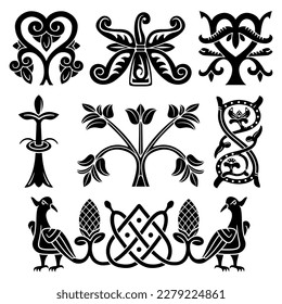 Folk Floral Ornament Elements. Vector silhouettes isolated on white.