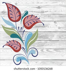 Folk floral ornament with flowers and leaves on a wooden texture background. Ethnic vintage style