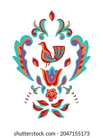 Folk floral ornament with leaves, flowers and a bird on a white background. Vector.