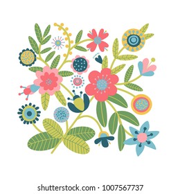 Folk floral ornament. Pattern background. Folk art flowers. Bouquet of flowers and leaves. Scandinavian nordic print design. Flat cartoon clipart. Simple vector illustration for spring-summer. Vintage