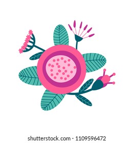 Folk floral ornament. Pattern background. Folk art flowers. Bouquet of flowers and leaves. Scandinavian nordic print design. Flat cartoon clipart. Simple vector illustration for spring-summer. Vintage