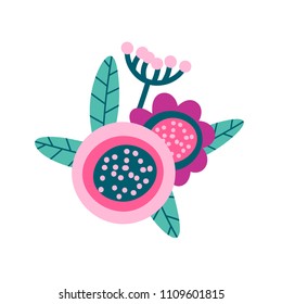 Folk floral ornament. Pattern background. Folk art flowers. Bouquet of flowers and leaves. Scandinavian nordic print design. Flat cartoon clipart. Simple vector illustration for spring-summer. Vintage