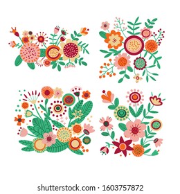 Folk floral ornament. Pattern background. Folk art flowers. Bouquet of flowers and leaves. Scandinavian nordic print design. Flat cartoon clipart. Simple vector illustration for spring-summer. Vintage