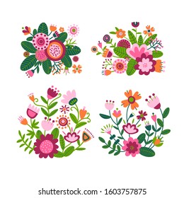 Folk floral ornament. Pattern background. Folk art flowers. Bouquet of flowers and leaves. Scandinavian nordic print design. Flat cartoon clipart. Simple vector illustration for spring-summer. Vintage