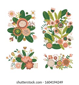 Folk floral ornament. Pattern background. Folk art flowers. Bouquet of flowers and leaves. Scandinavian nordic print design. Flat cartoon clipart. Simple vector illustration for spring-summer. Vintage
