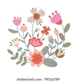 Folk floral ornament. Pattern background. Folk art flowers. Bouquet of flowers and leaves. Scandinavian nordic print design. Flat cartoon clipart. Simple vector illustration for spring-summer. Vintage