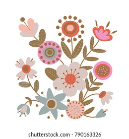 Folk floral ornament. Pattern background. Folk art flowers. Bouquet of flowers and leaves. Scandinavian nordic print design. Flat cartoon clipart. Simple vector illustration for spring-summer. Vintage