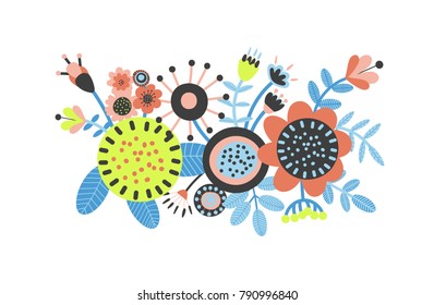 Folk floral ornament. Pattern background. Folk art flowers. Bouquet of flowers and leaves. Scandinavian nordic print design. Flat cartoon clipart. Simple vector illustration for spring-summer. Vintage