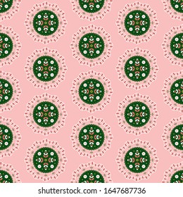 Folk floral ornament. Seamless pattern with abstract flowers on pink background.