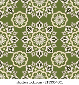 Folk floral ornament. Seamless pattern with abstract flowers on pink background.