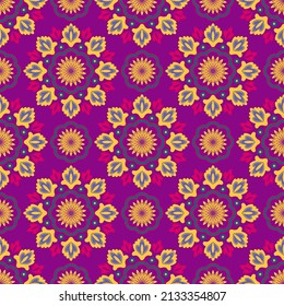 Folk floral ornament. Seamless pattern with abstract flowers on pink background.