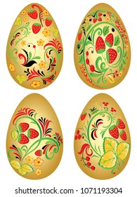 Folk floral ornaments with strawberry on Easter eggs illustration.