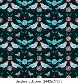 Folk floral pattern with birds and butterflies. Manual graphics. Seamless pattern for decorating various surfaces.