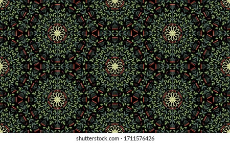 Folk floral pattern of leaves and flowers on a black background. Old folk seamless ornament in vector.	